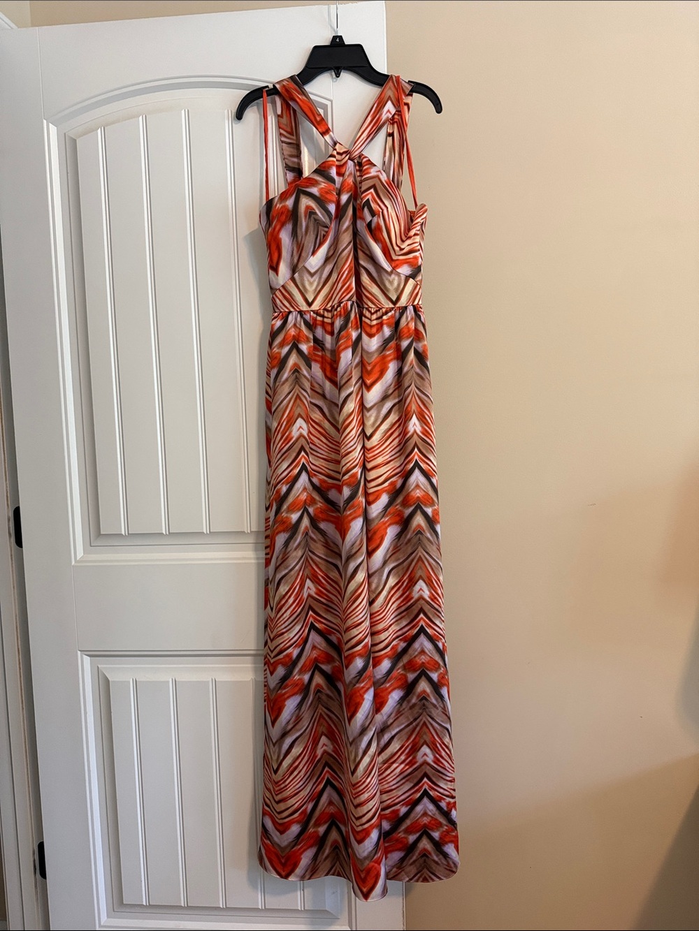 Emilio Pucci Chevron-Print Sleeveless Maxi Dress in Orange, Cream and Brown